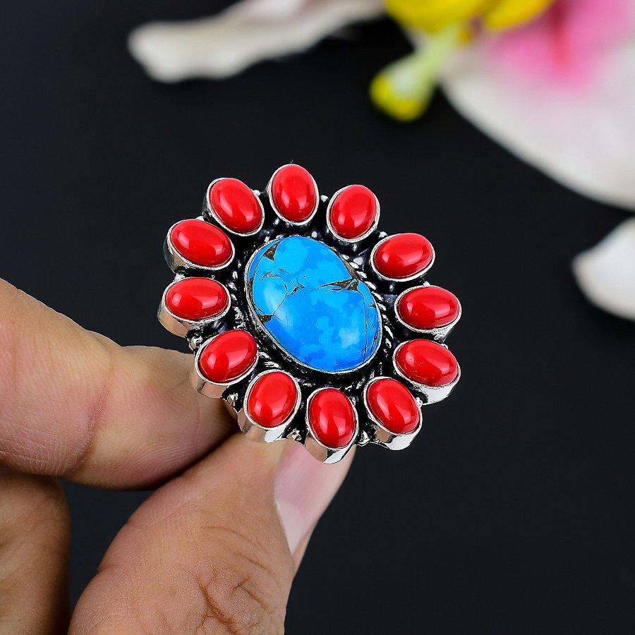 Copper Blue Turquoise, Coral 925 Sterling Silver Jewelry Ring Size 6.5 KG-140