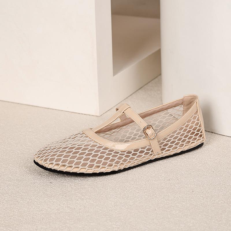 Fishnet Ballet Flats for Women Comfort Dressy Shoes With Ankle Strap Summer Round Closed Toe Mary Jane Shoes Women's Casual Non-Slip Mary Jane Flats