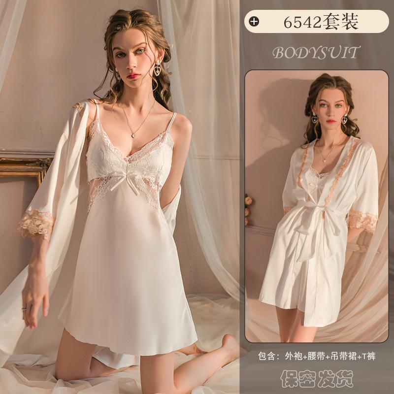 Homewear Sexy Pajamas Women'S Autumn With Chest Pads Lace See-Through Nightgown Set Pure Desire Ice Silk Nightgown 6542