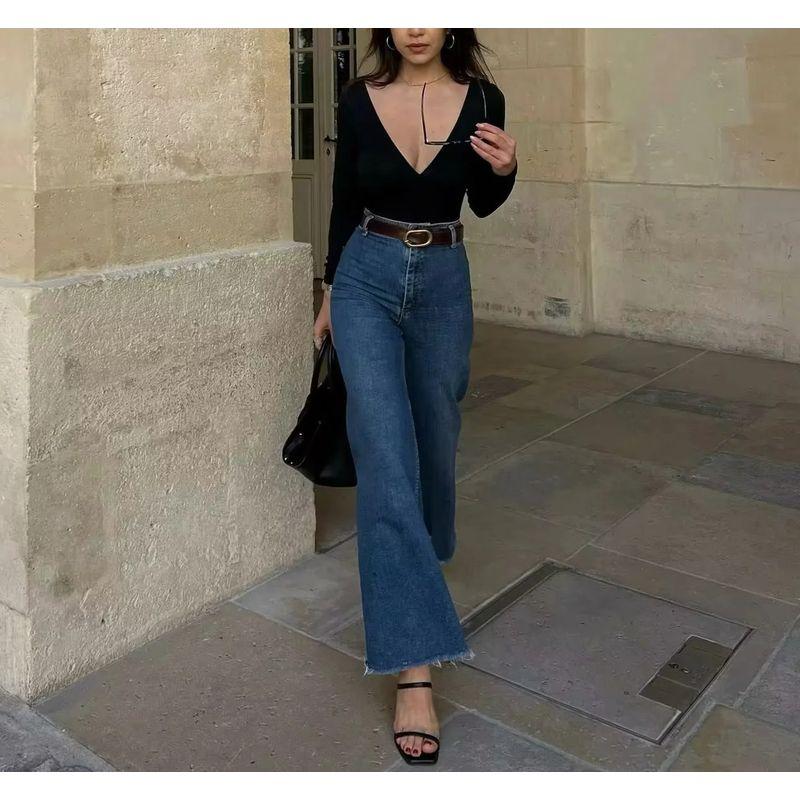 Spring New Women's Clothing French Vintage Style Fashion All-Match High Waist Stretch Nautica Style Micro-Pull Denim Pants