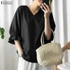 ZANZEA Summer Women V Neck 3/4 Sleeve Casual Loose Blouse