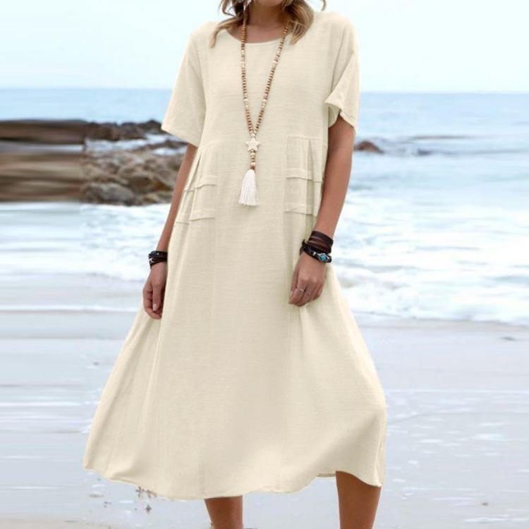 Women Casual Cotton Linen Short Sleeve Round Neck Solid Color Loose Pocket Beach Holiday Seaside Dress Skirt Summer