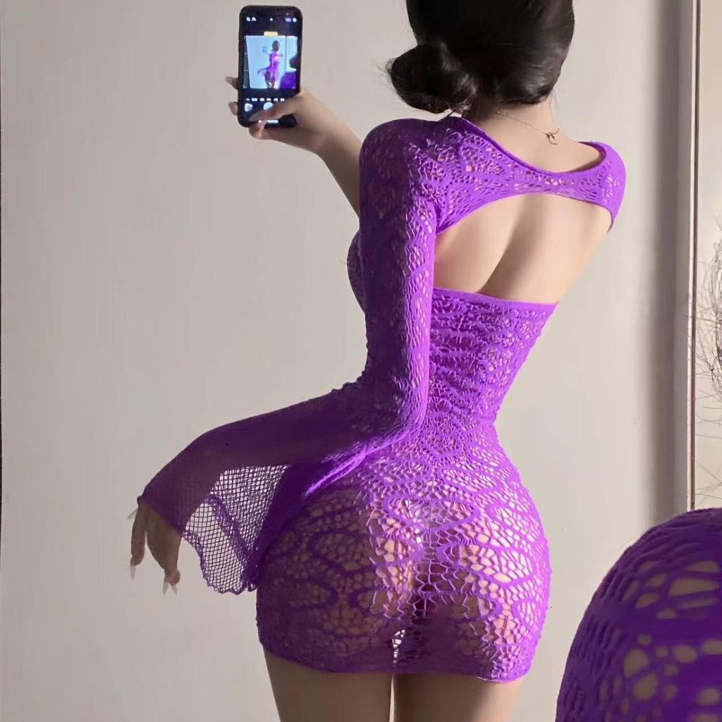 Influencer Purple Lace-Up Lingerie: Sexy Off-Shoulder Fishnet Cutout Mesh Skirt