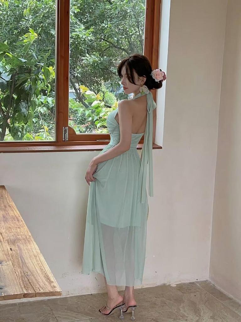 Luxuriöses plissiertes High-Waist-Neckholder-Netzkleid mit offenem Rücken
