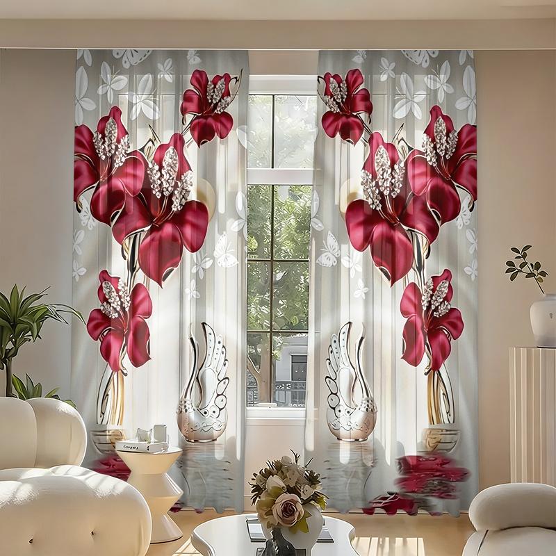 2-Pack Elegant Red Rose Swan Curtains, Rod Pocket Semi-Sheer Polyester Curtains, Romantic Floral and Animal Printed Light-Filter 60×150cm(23.6×59in)