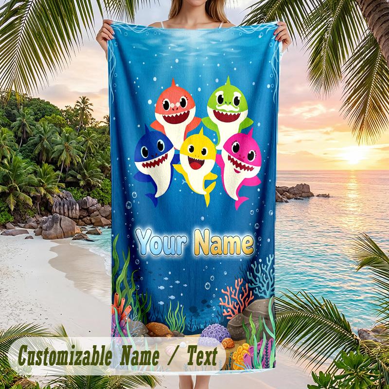 Baby Shark Beach Towel, Personalized Custom Text, Quick Dry Soft Large Towel For Swimming Pool Travel