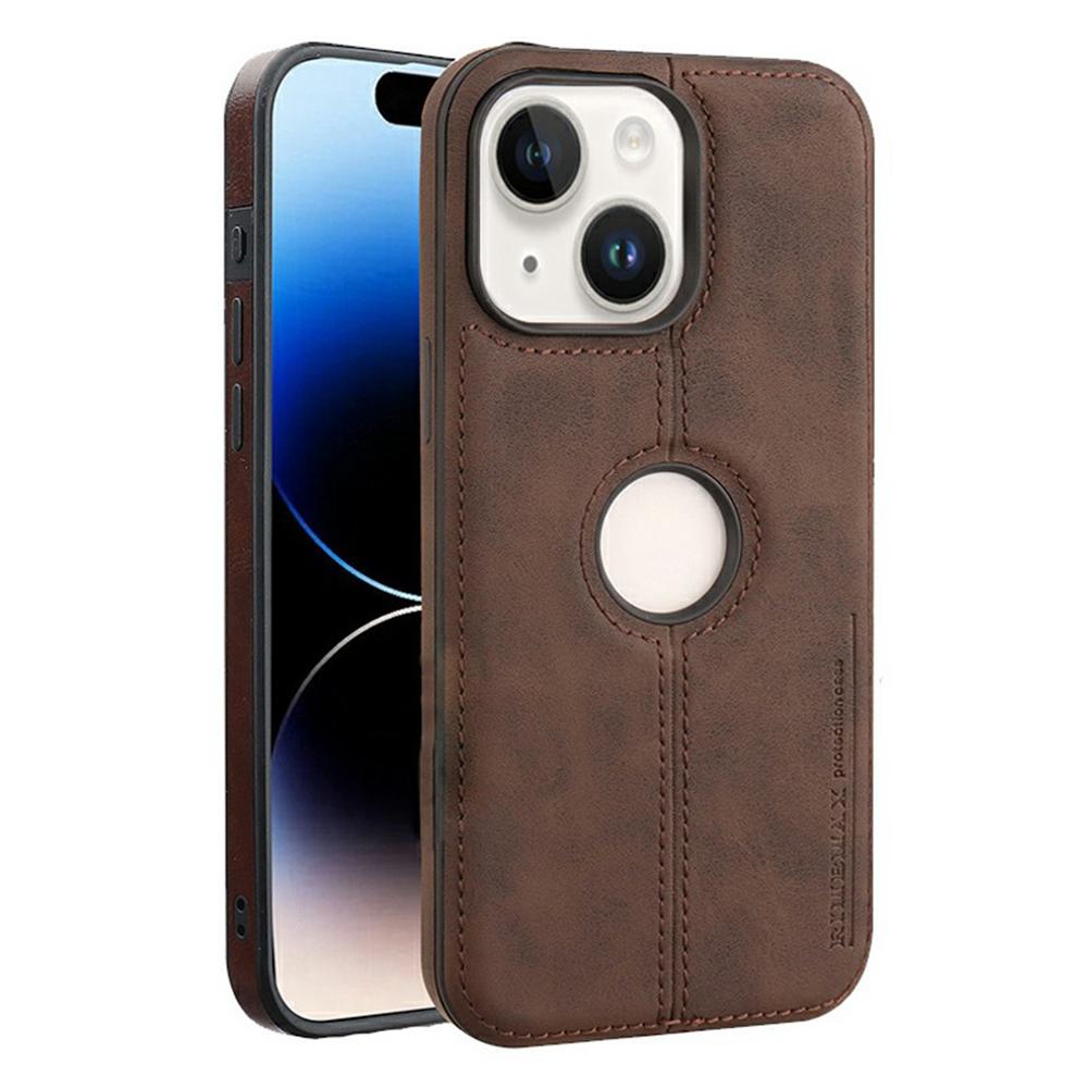 

For iPhone 15 Case Central Axis with Logo Cutout PU Leather+PC Phone Back Cover Dark Brown
