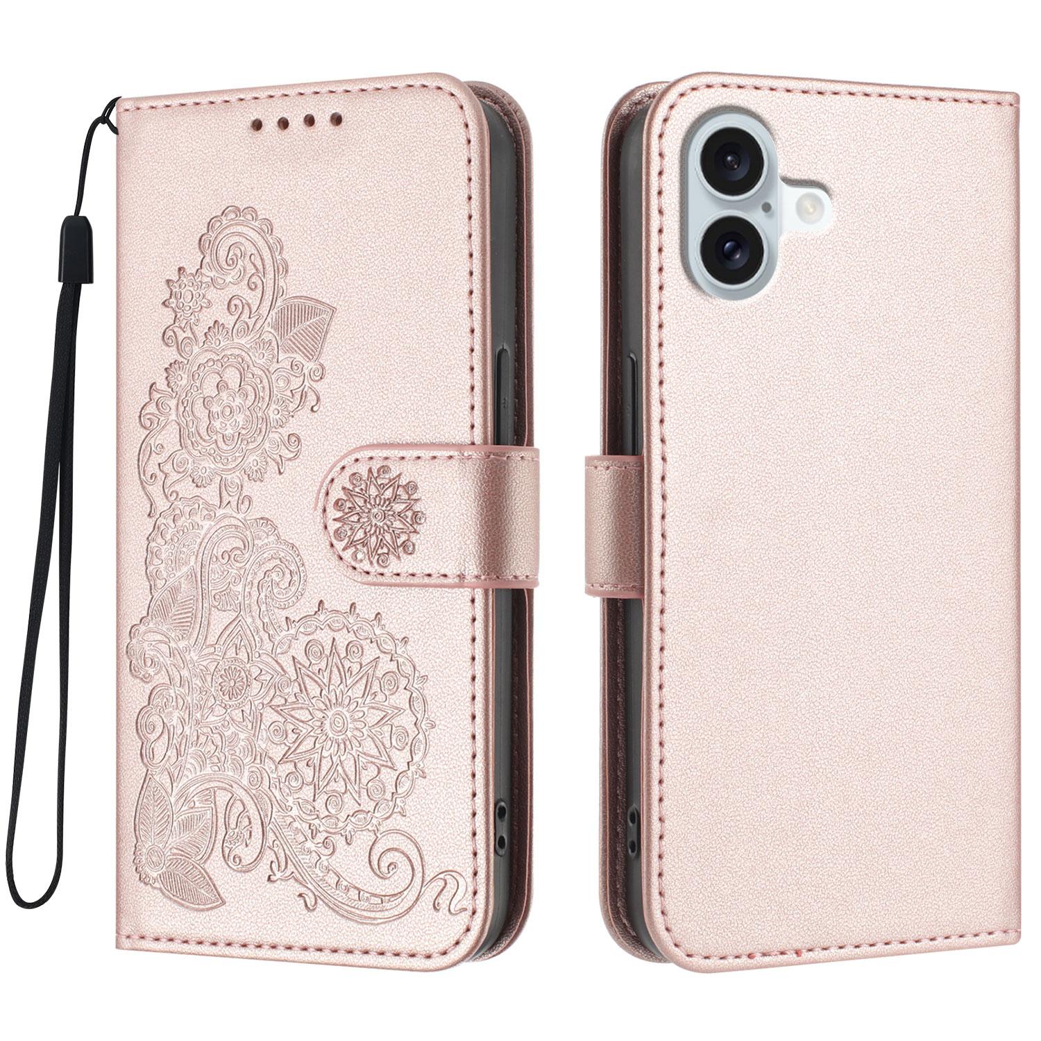 

For iPhone 16 Plus Phone Cases Mandala Flower Leather Wallet Mobile Cover with Strap Rose Gold