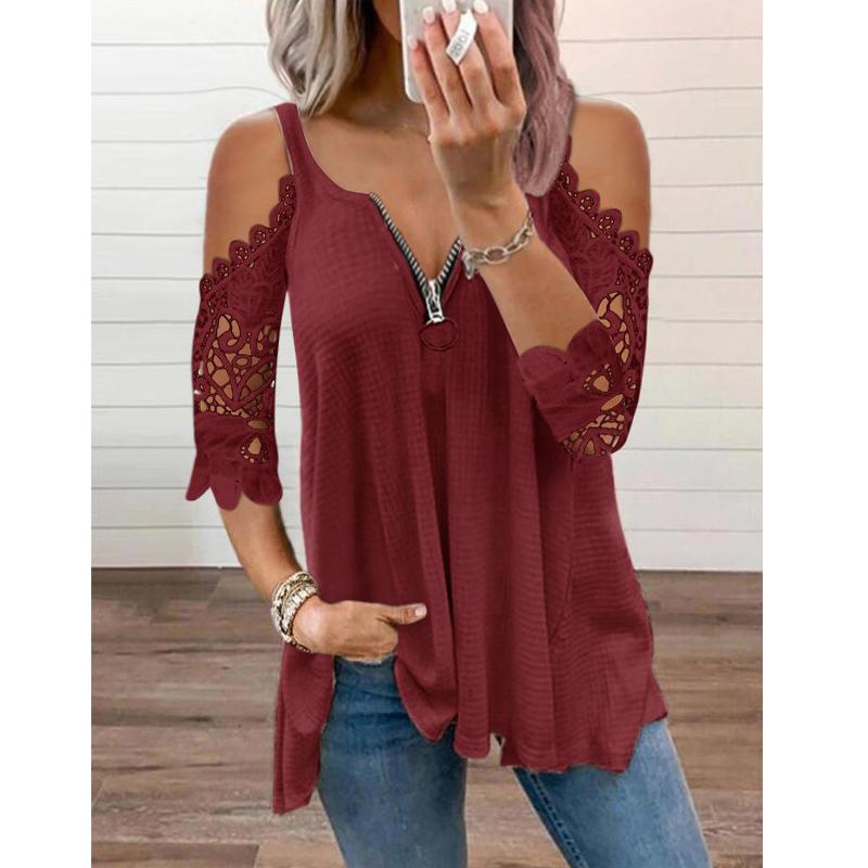 T-shirt da donna con maniche in pizzo, camicetta, top, taglie forti, t-shirt casual da donna con spalle scoperte