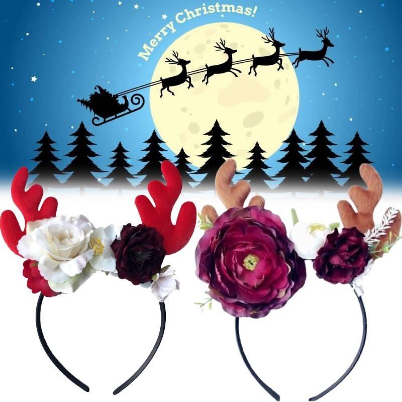 Festive Red Velvet Reindeer Antlers Headband With Floral Design For Girls
