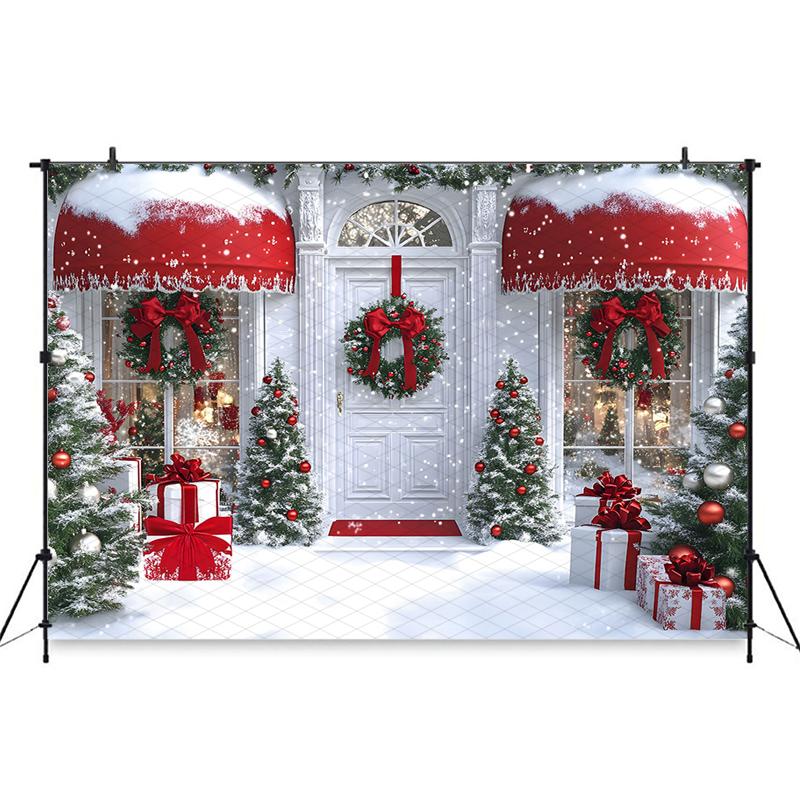 Mocsicka Christmas Photography Background Xmas Tree House Door Window Snow Decorations Child Adult Family Holiday Party Backdrop