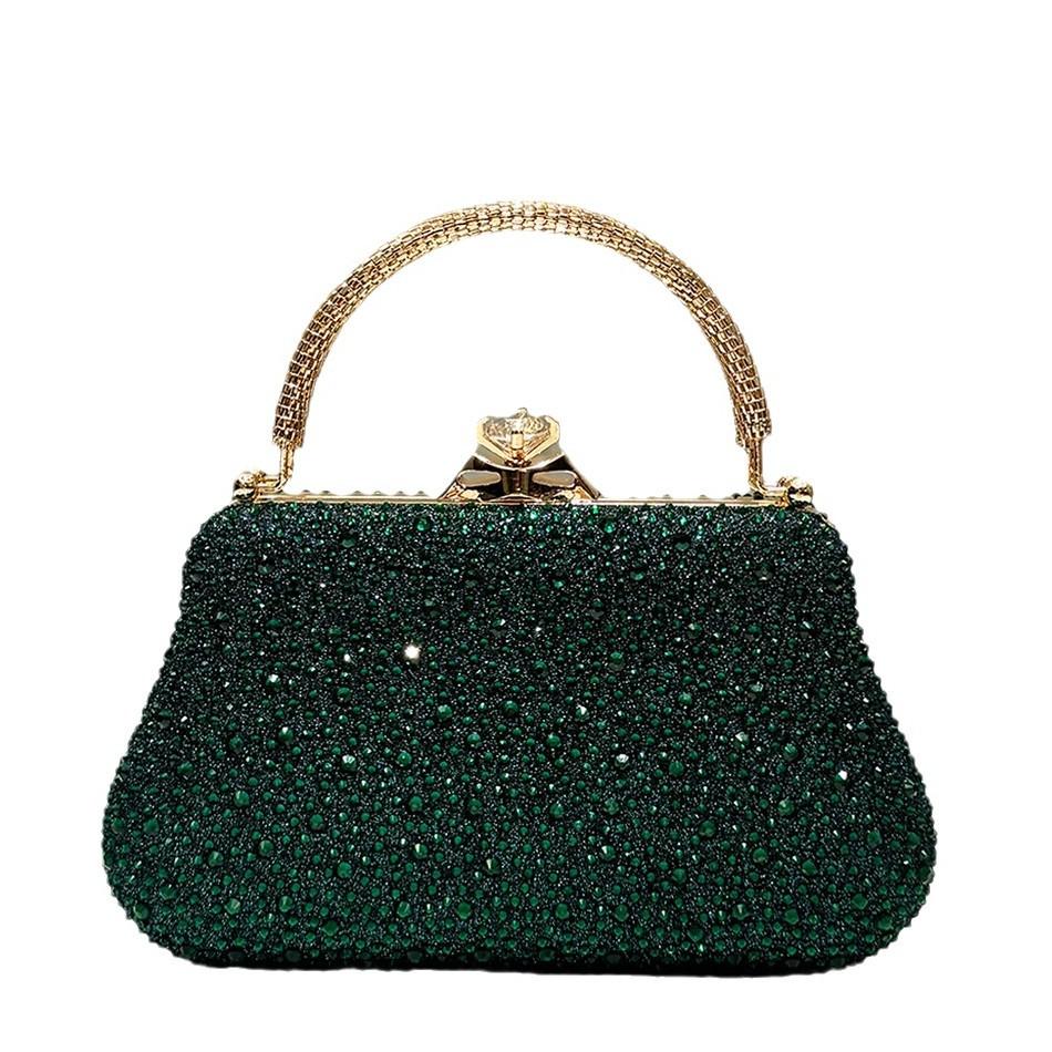 Dark Green Gorgeous Rhinestone Decorative Handbag, Women's Fashion Temperament Elegant Clutch Box Type Dinner Bag