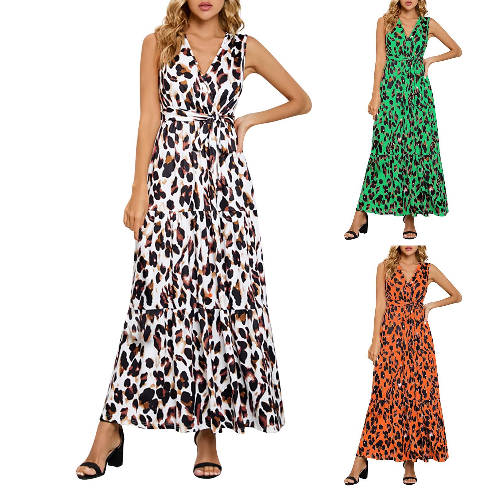 

Fashion Womens Loose Summer V Neck Leopard Print Tie Sleeveless Long Dress