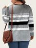 Plus Size Color Block Stripe Loose Casual Long Sleeve Top with Half-Zip Round Neck for Women.