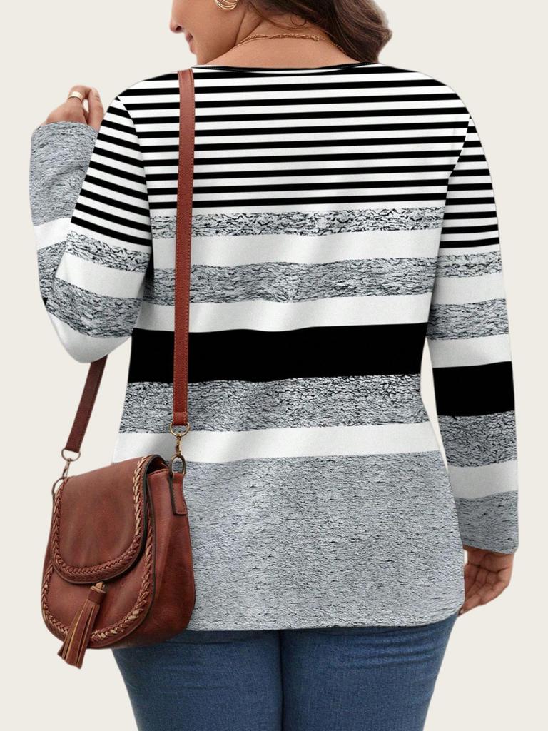Plus Size Color Block Stripe Loose Casual Long Sleeve Top with Half-Zip Round Neck for Women.