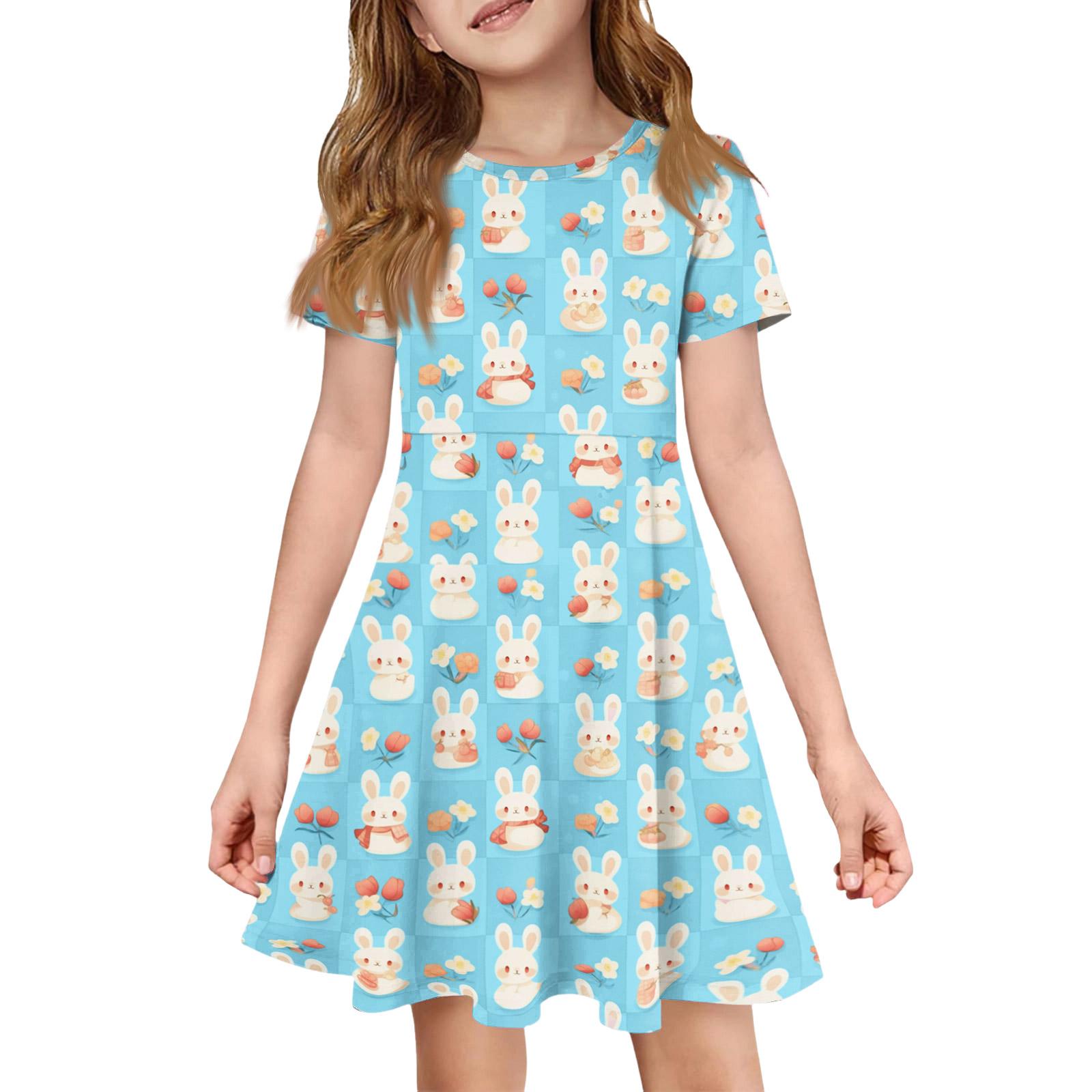 

Girl Summer Dress Color & Print Short Sleeve Dress With Pocket Casual Dress Shorts Sleeve Party Dress Easter Day 140