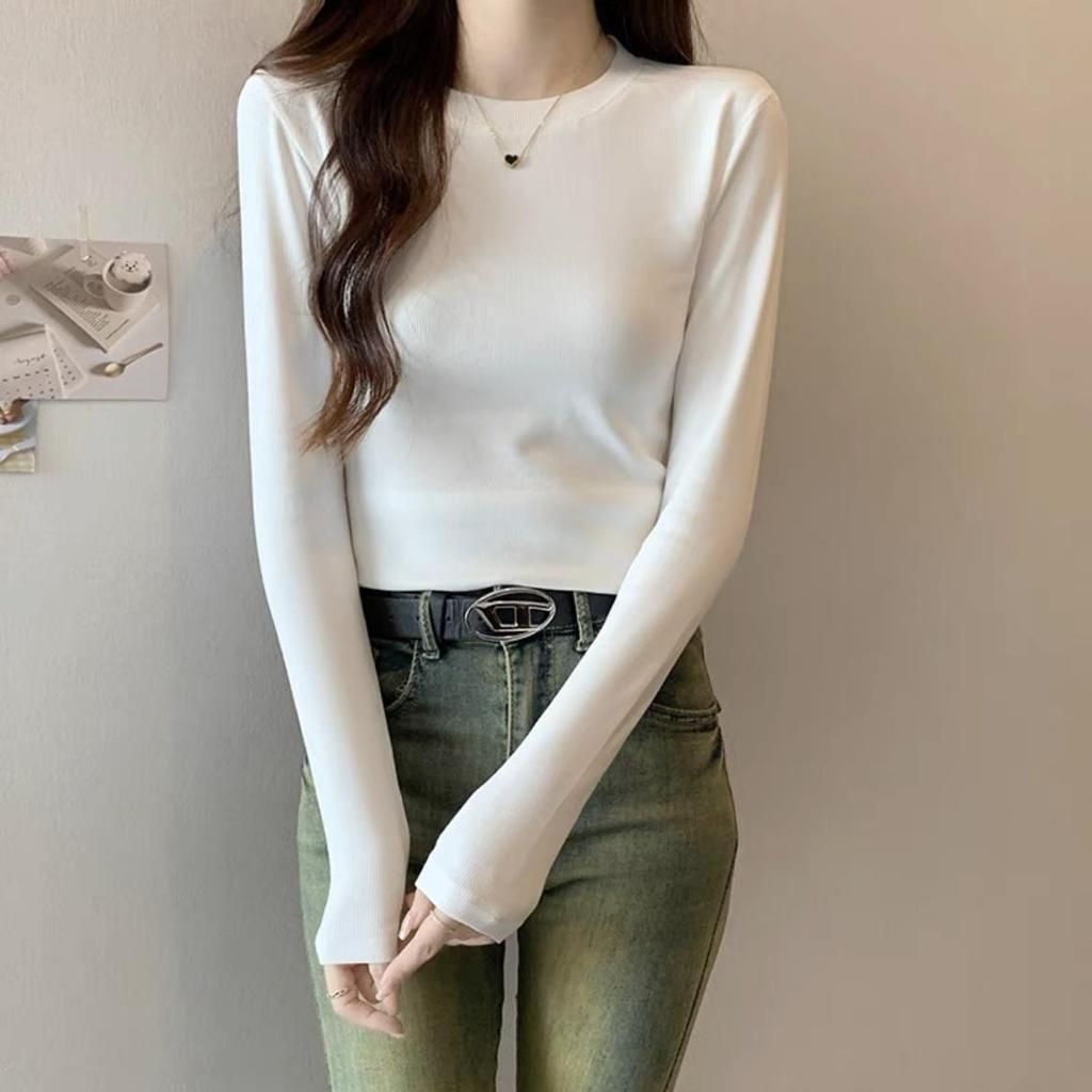Burgundy Spicy Girl Long Sleeve Slimming T-Shirt for Women - Straight Shoulder, Autumn/Winter Style.