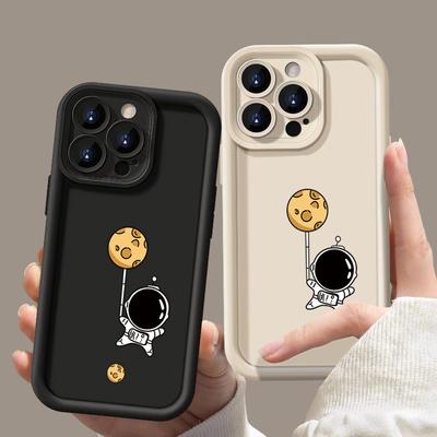 Simple Moon Astronaut Pattern Matte Shockproof Phone Case For iPhone 16 Pro Max 15 Pro 14 13 12 11 XS XR 8 7 Lens Protection TPU Soft Bumper Cover