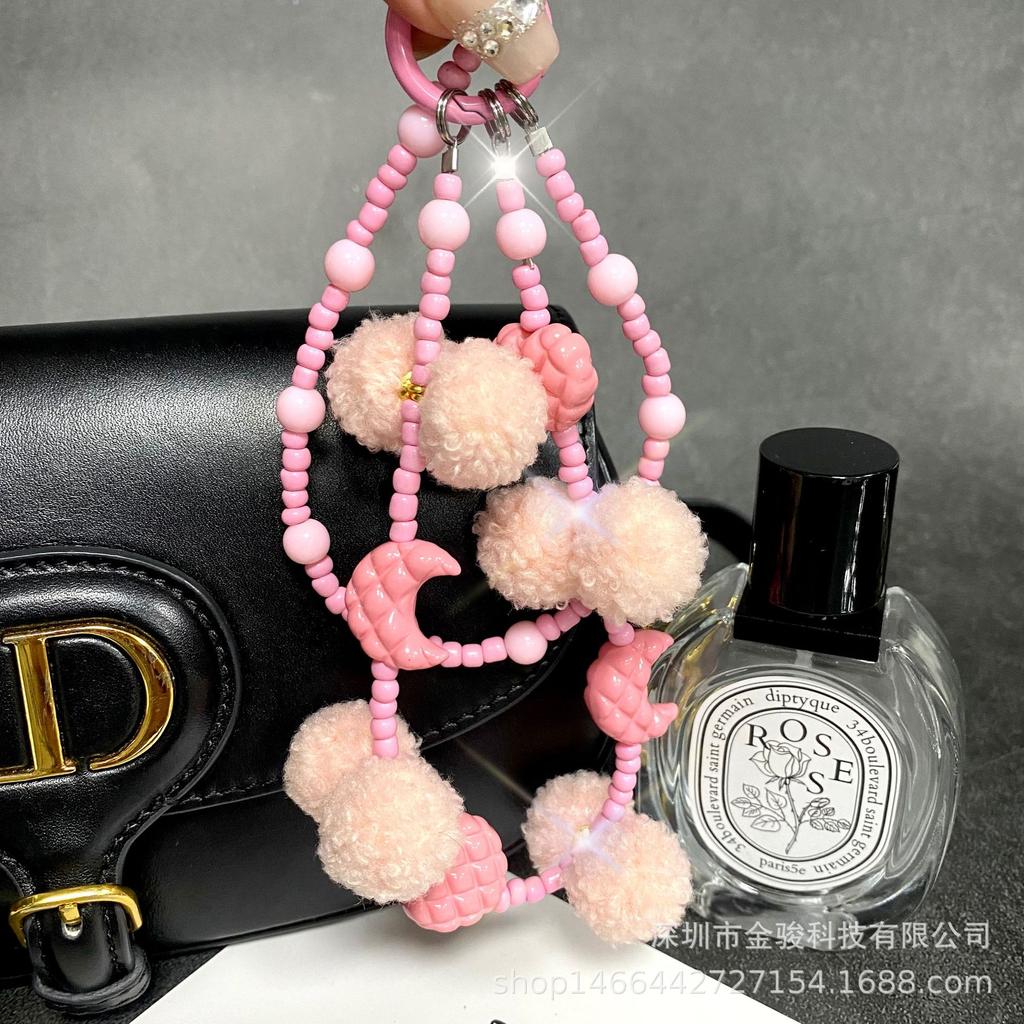 Plush Phone Chain Moon Heart Pom-Pom Phone Strap Autumn Winter New Double Chain Pendant Bag Chain with Spacer