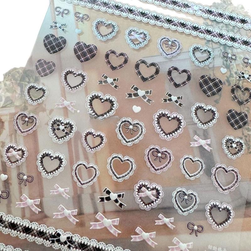 3 Pcs/set Pink Black Color Kawaii Nail Stickers Lace Bow 3D Checkered Scrapbook Journal Sweet Edgy Design Decal for Girl