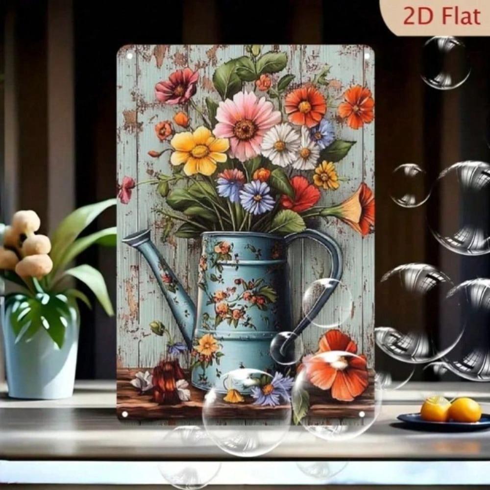Vintage Metal Wall Poster Flower Watering Can Kitchen Art