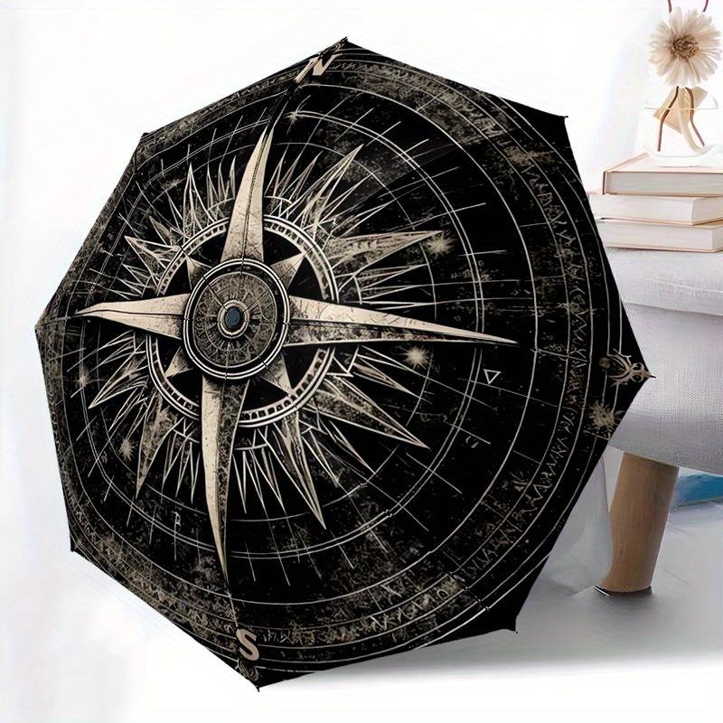 

1pc Open/Close Compact Umbrella with Compass Rose Design - 8-Rib Windproof Folding Canopy, Black & Golden Navigational Umbrell (as the picture,Iron&8K)