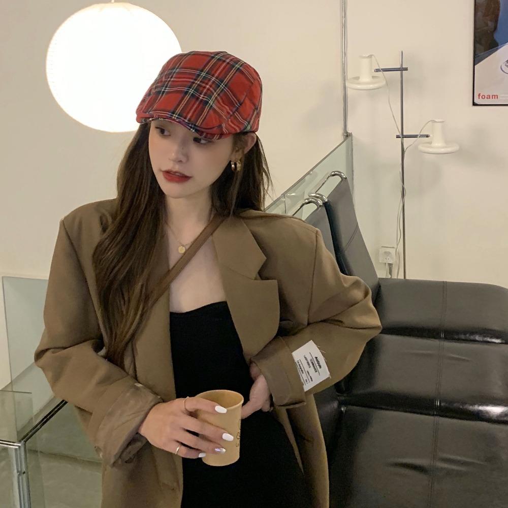 Short Brim Plaid Beret Cap Retro Cloth Painter Cap Simple Women Artist Hat  Ladies