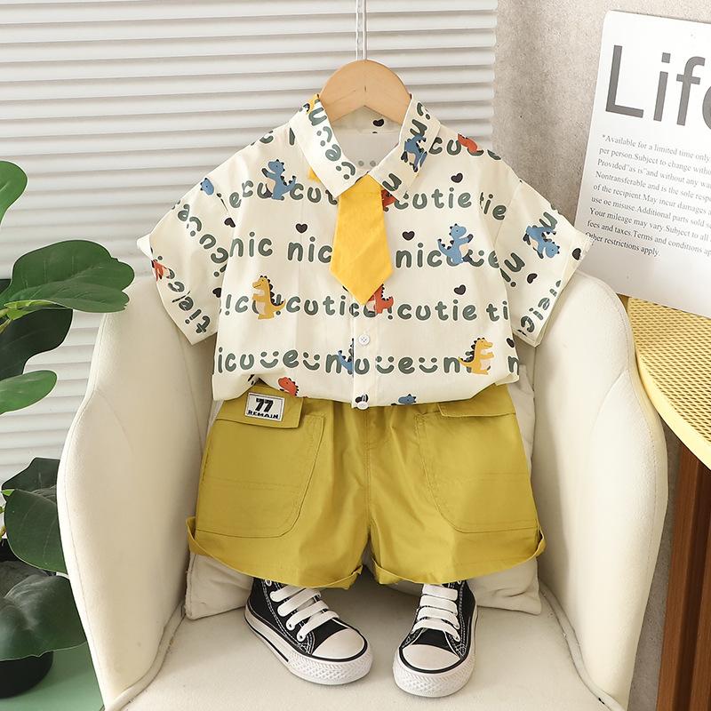 

Летний комплект для мальчиков Летняя детская модная рубашка с галстуком Футболка с коротким рукавом Детский костюм-двойка 120