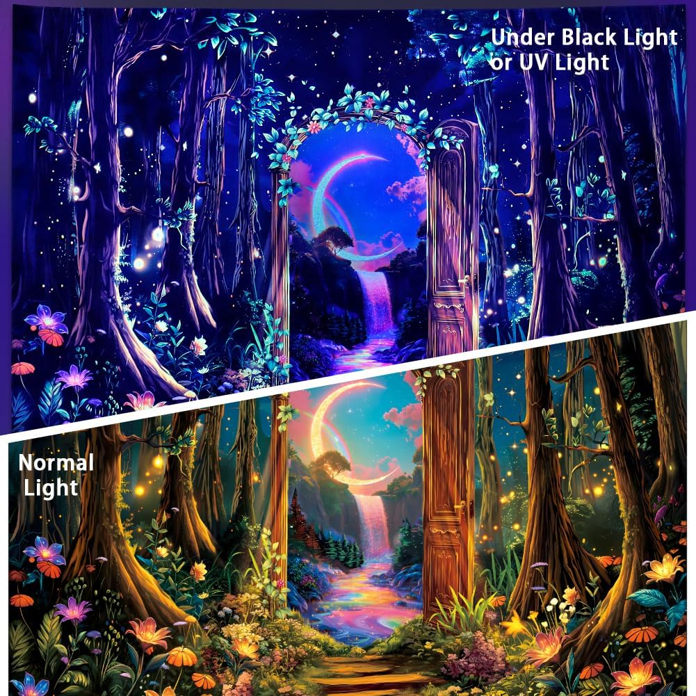 Heynvioo Blacklight Forest Tree Tapestry UV Reactive Moon Tapestry Trippy Galaxy Space Tapestries Fantasy Landscape Tapestries Aesthetic Plant Wall