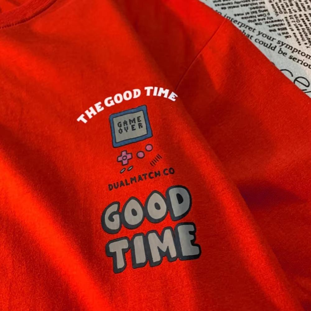 Tricou cu mânecă scurtă pentru bărbați, cu desen animat retro american, timp fericit de weekend, marcă la modă, larg, versatil, pentru studenți, cu mânecă scurtă