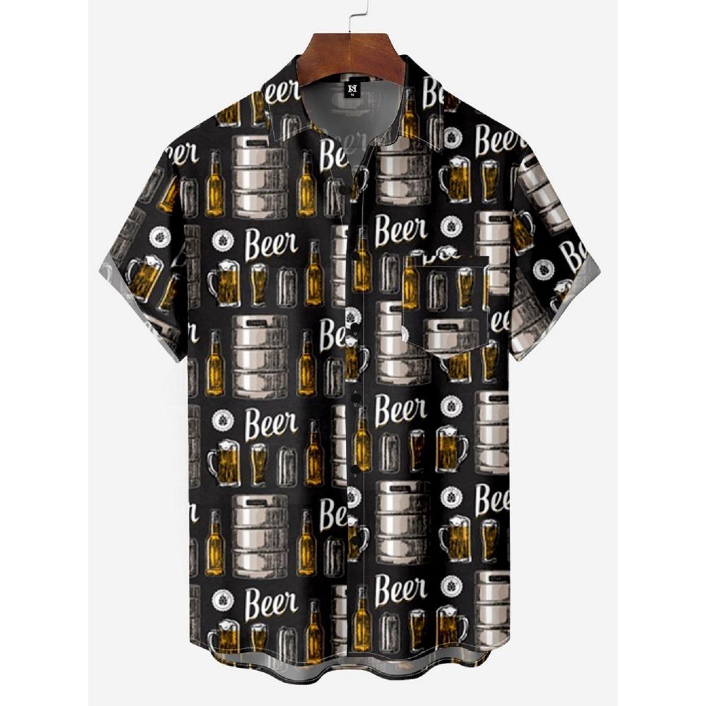 Men's Shirts Summer Hawaiian Casual Seaside Beach Tops Cartoon Planet Rocket Print Button Short-sleeve Oversized Shirts Chemise