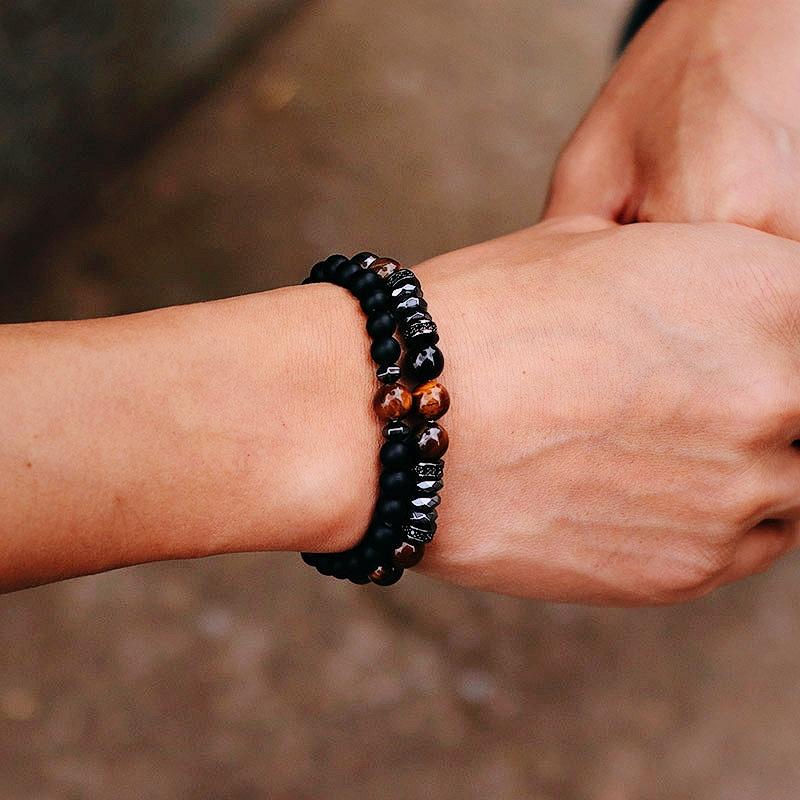 Novel 2 Pieces Men Bracelet Set 6mm 8mm Tiger Eyes Volcanic Rock Stone Beaded Braclet Luxury Zirconia Braslet Pulseria Hombre