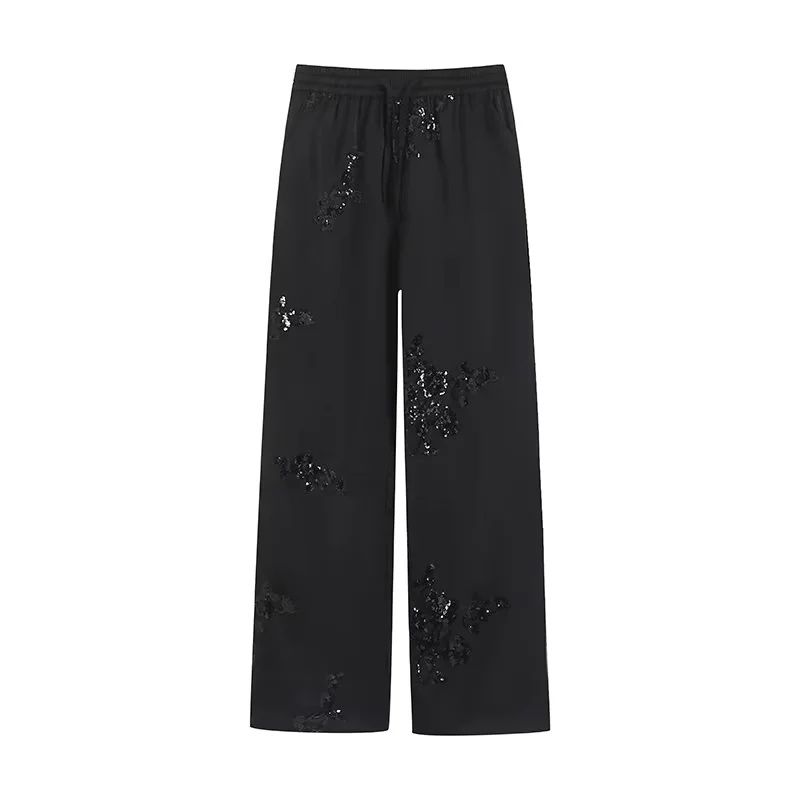 

Spring New Arrival Suit Beads Decoration Silk Satin Textured Shirt 2731242 Fashion High Waist Pants 2731092 Black pants L