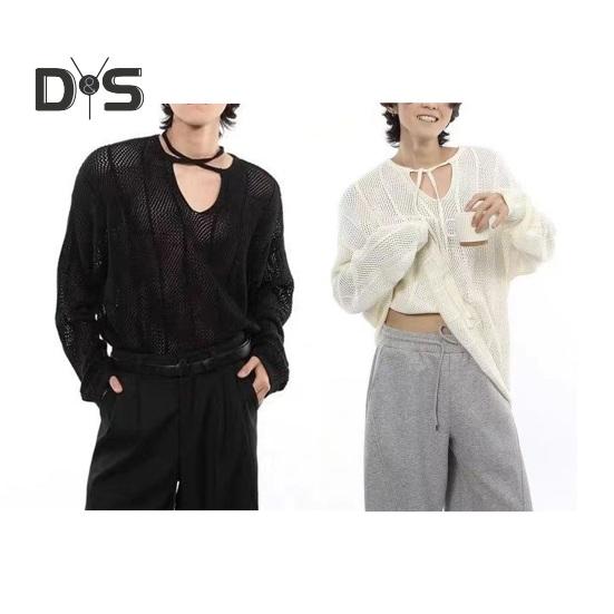 Pánský svetr podzim zima dutý elastická stahovací šňůrka dlouhý rukáv jednobarevný pletený pulovr top výstřih do V střední délka teplé pletené zboží