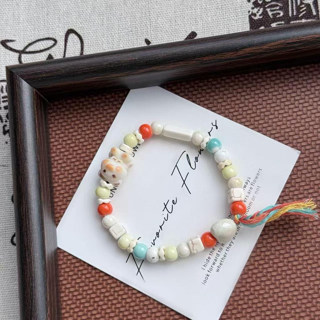 Jingdezhen Handmade Lucky Bear Bracelet with Forest Tassel Style.
