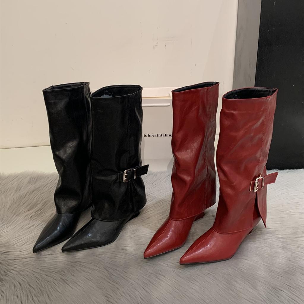 Pointed but Knee Boots Women's Thick Heel Boots Brown Vintage Knight Boots Belt Buckle Fried Street Pant Pants Boots