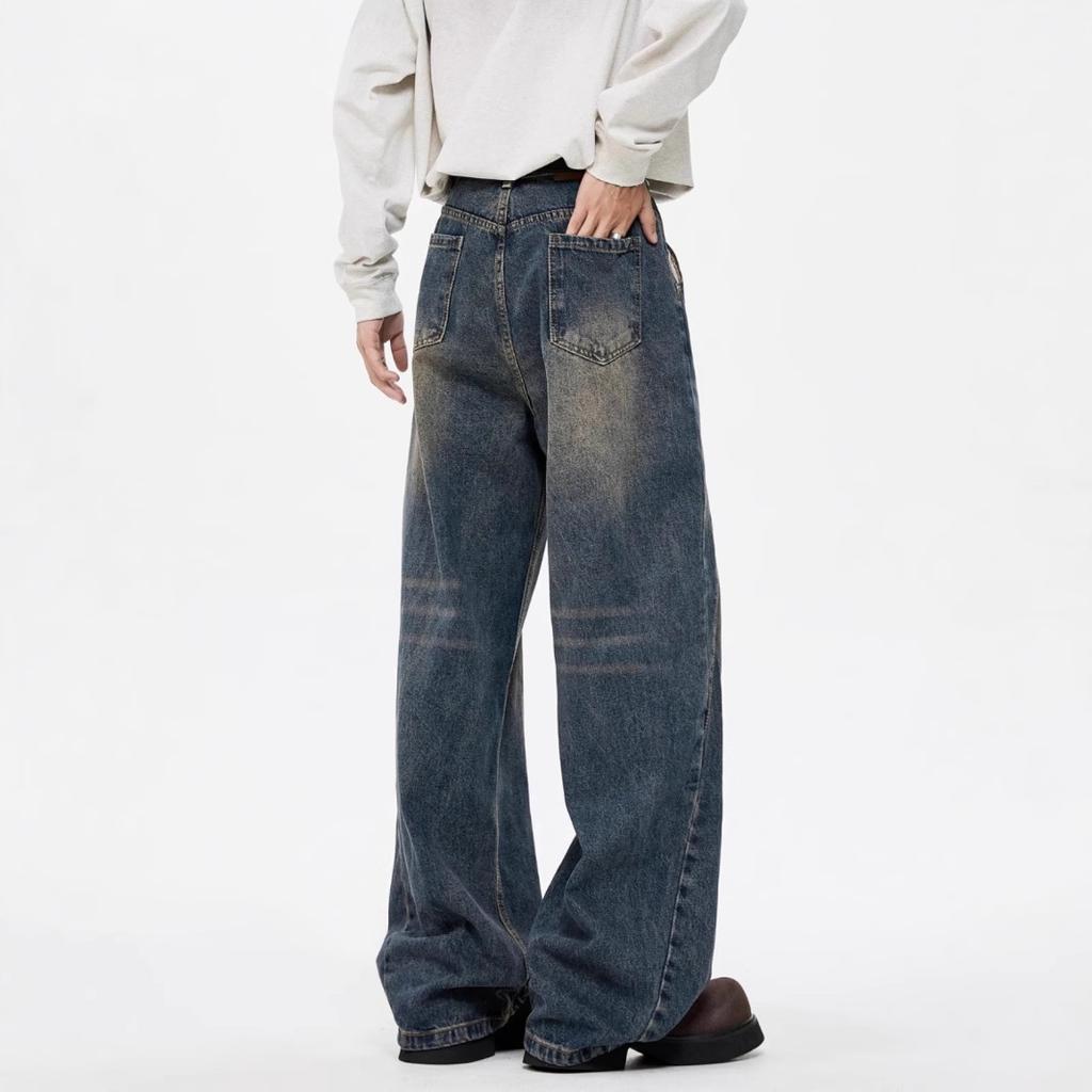 JYL Men's Wide-Leg Jeans American Vintage Washed Blue High-Street Loose Straight Denim
