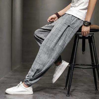 Pantaloni casual a quadri in cotone e lino stile cinese primaverile e autunnale, pantaloni larghi da uomo con coulisse, pantaloni harem larghi in lino, pantaloni taglie forti