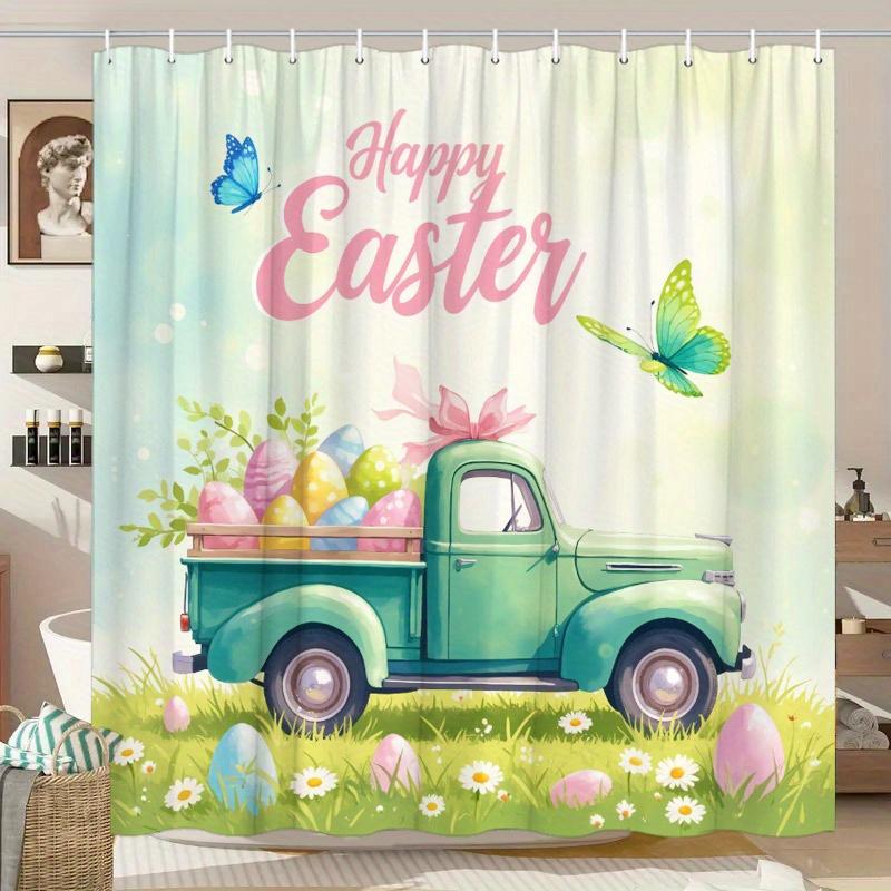 1pc Vintage Green Pickup Truck Easter Shower Curtain - Colorful Eggs & Butterflies, 'Happy Easter' Text, 70x70", Polyester