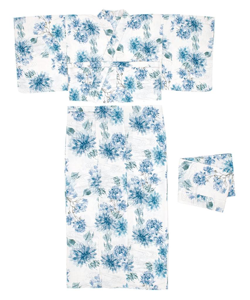 SOUBIEN Floro Yukata Set and Free Summer Chrysanthemum Calm X Light Gray Women's 4-Piece (Yukata, Half-Width Obi, Datejime, Geta) - Size,