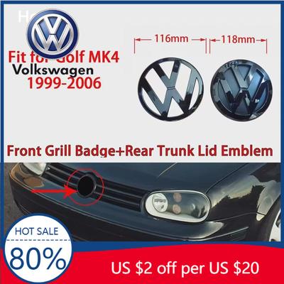 For VW Volkswagen Jetta MK5 Golf Gloss Black Fit for Volkswagen Golf 4 MK4 1999-2006 116mm Front Grill Badge + 118mm Rear Trunk