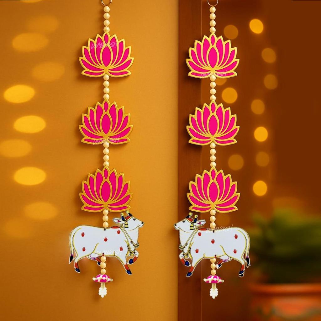 Engineered Wood Handmade Lotus with Cow & Jhumki Ganpati Diwali Home Decoration MDF Floral Wall Hangings Temple |1 Pair | 25 Inch Each