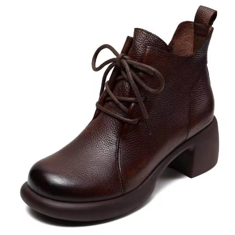 Leather Women Ankle Boots Lace Up Designer Mid Heels Shoes 2025 Trend Retro Chunky Classic Oxford Shoes Winter Botas De Mujer