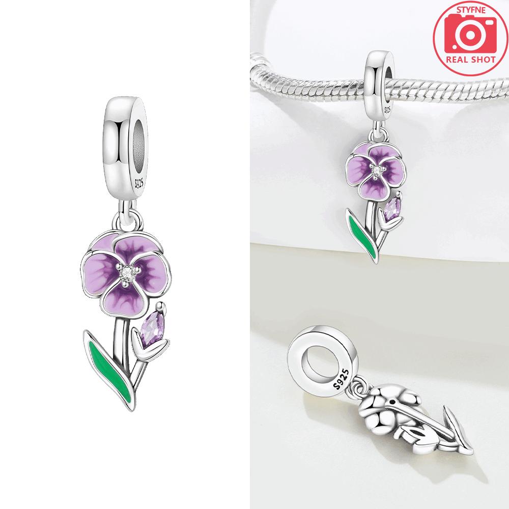 Authentic copper Flower Grape Cherry Fruit Pendant Purple Orchid Flower Bouquet Bead Compatible With Bracelets Women Jewellery Fine Gift Diy