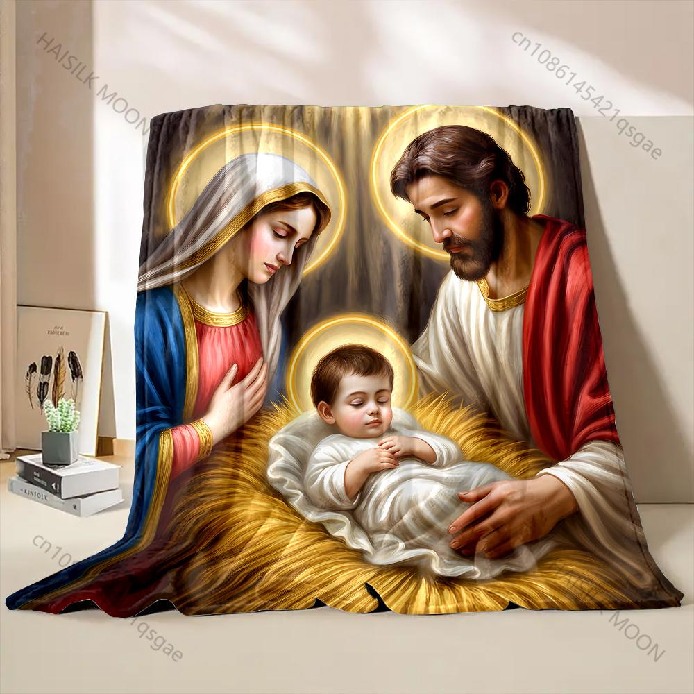 1PC Holy family with halos Faith-printed Flannel Blanket Soft and Warm Suitable for Home Travel Picnics Camping and RV Use
