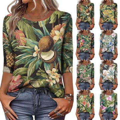 Women's Fashionable Casual Round Neck Three-Quarter Sleeve Printed T-Shirt Top
