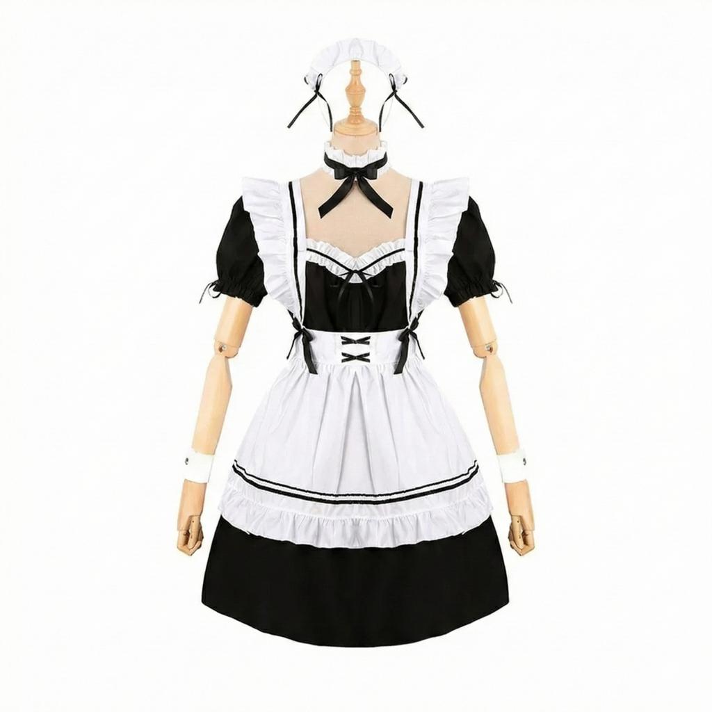 Set Vestito da Cameriera Gothic Lolita Donna Costume Cosplay Anime Orecchie e Coda di Volpe Nere Bianche Guanti Costume di Carnevale Halloween Festa