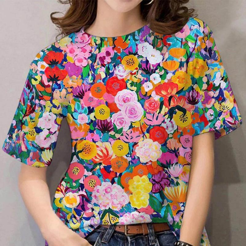 Moda Donna Girocollo Manica Corta Stampa Floreale 3D T-shirt a Manica Corta Girocollo con Fiori Colorati