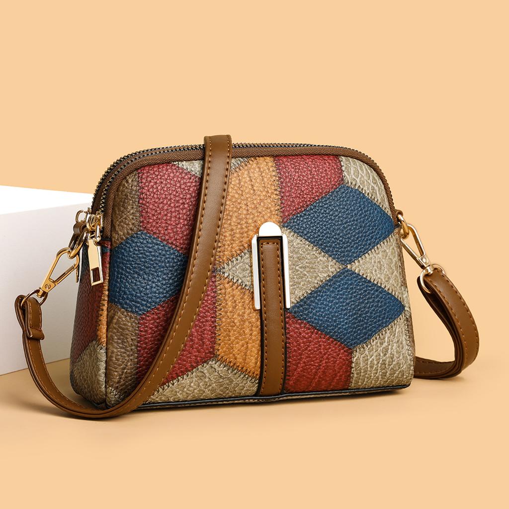 New Color Matching Splicing Versatile National Style Fashion Trend Double Zipper Shoulder Crossbody Change Mobile Phone Bag
