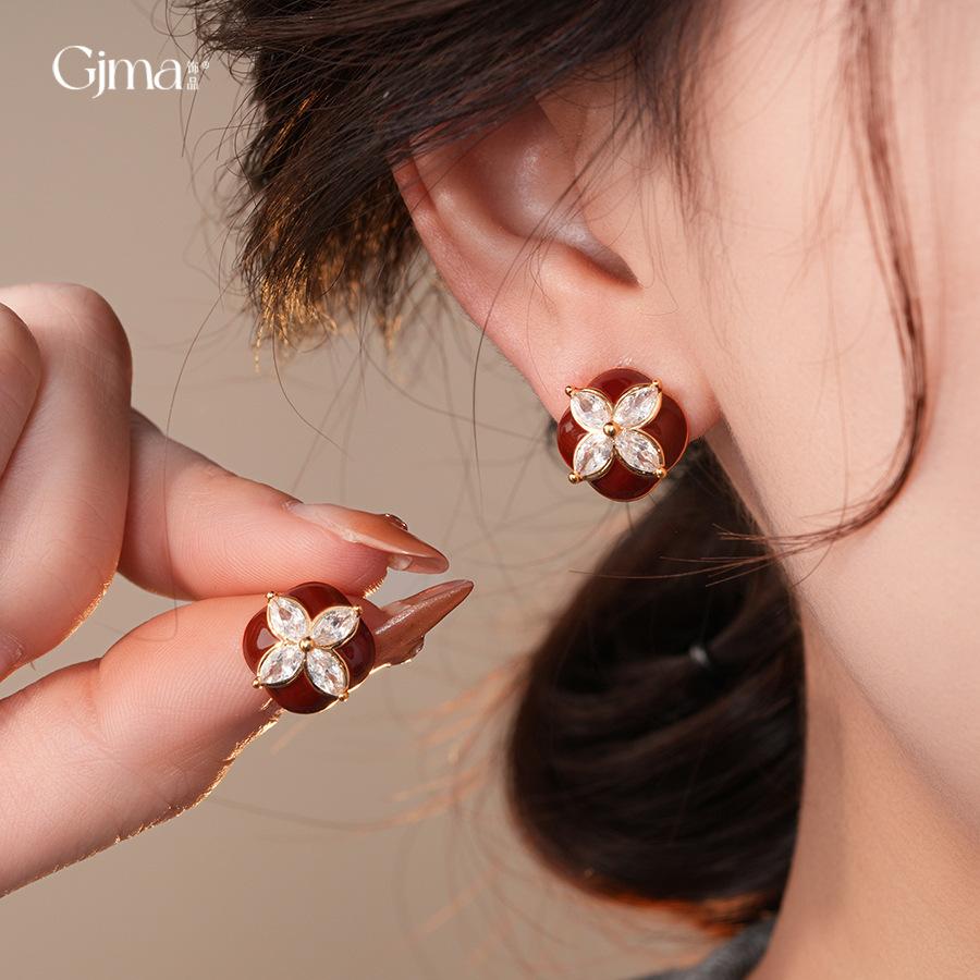 Vintage Simple Zircon Drip Oil Red Apple Earrings Stud Earrings Exquisite Earrings Women